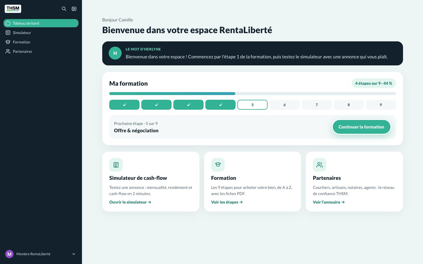 Tableau de bord de l’app RentaLiberté